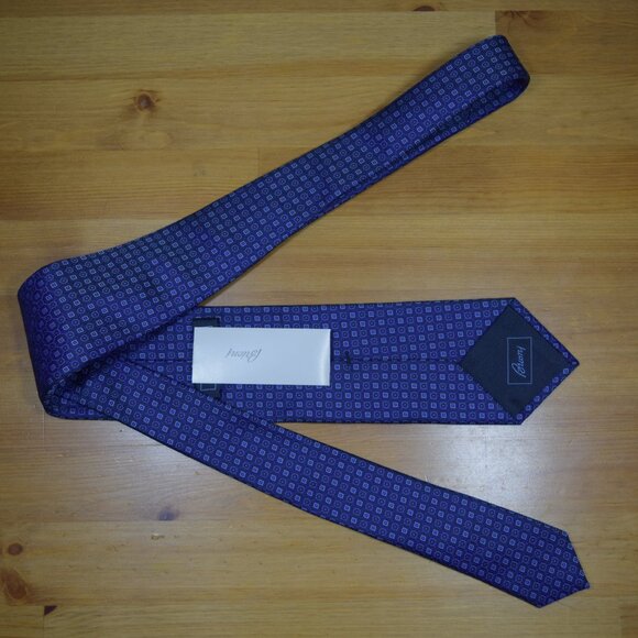 $490 New BRIONI Navy Blue Aqua Micro Squares Geometric Handmade Silk Neck Tie - Picture 13 of 16